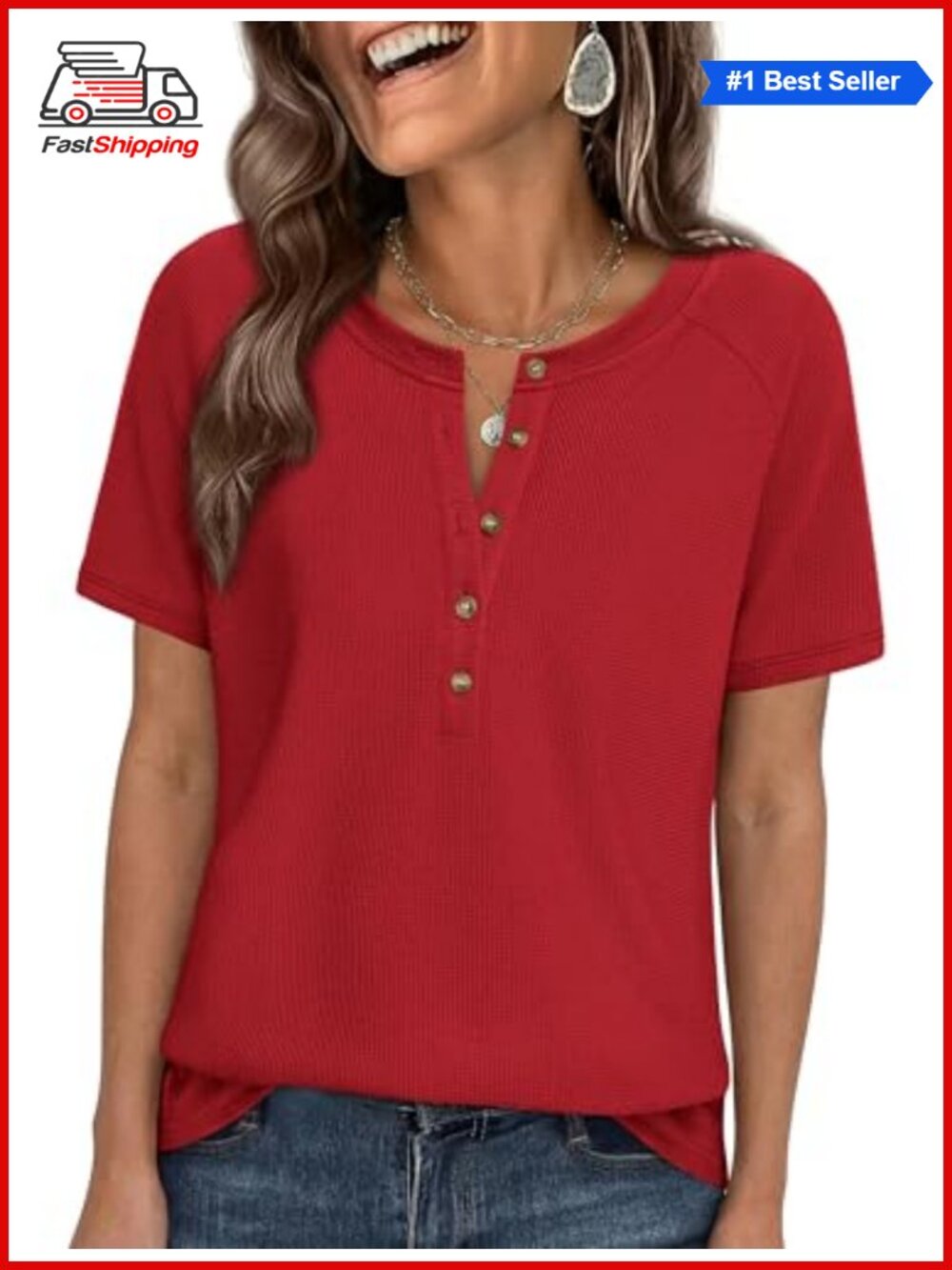 ✨PRETTYGARDEN Waffle Knit Henley Short Sleeve T-Shirt